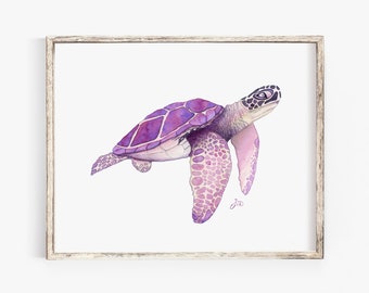 Pink Sea Turtle WATERCOLOR Art Print- Beach House Coastal wall Decor - Large Sizes