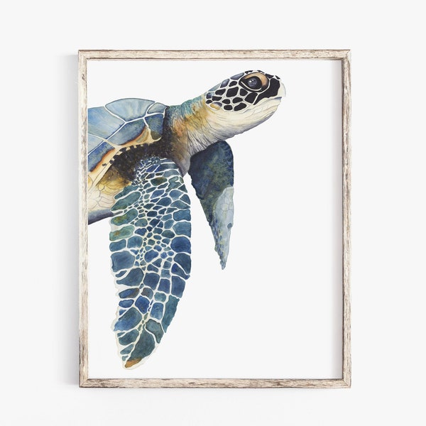 Majestic Sea Turtle Watercolor PRINT- High Quality Large Coastal wall Decor - Blue Green Surf seaturtle  - Beach House