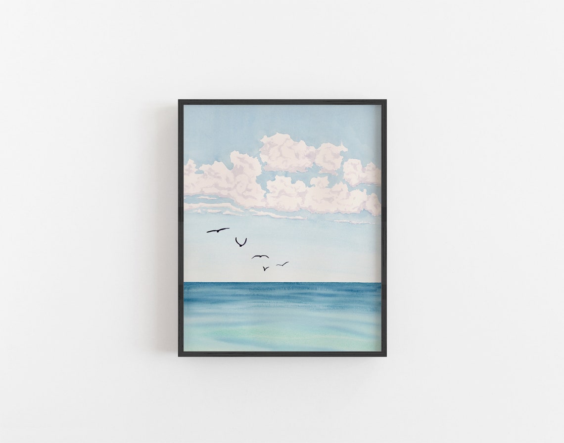 Coastal Seascape Beach Painting Wall Art Print Blues, Turquoise, Birds