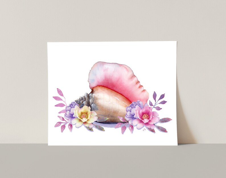 Conch Shell and Flowers GICLEE PRINT Original Watercolor Painting Beach House Art Coastal Wall Decor image 4