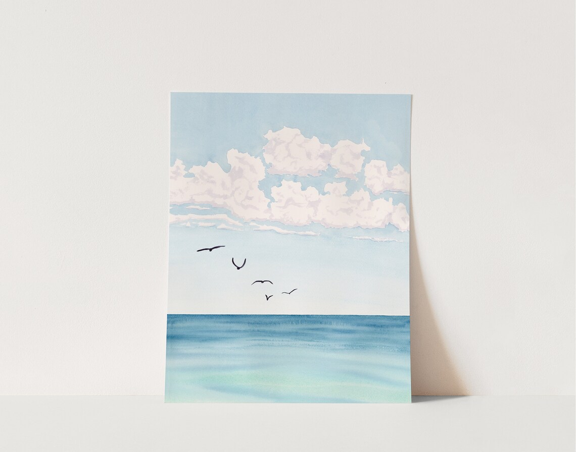 Coastal Seascape Beach Painting Wall Art Print Blues, Turquoise, Birds
