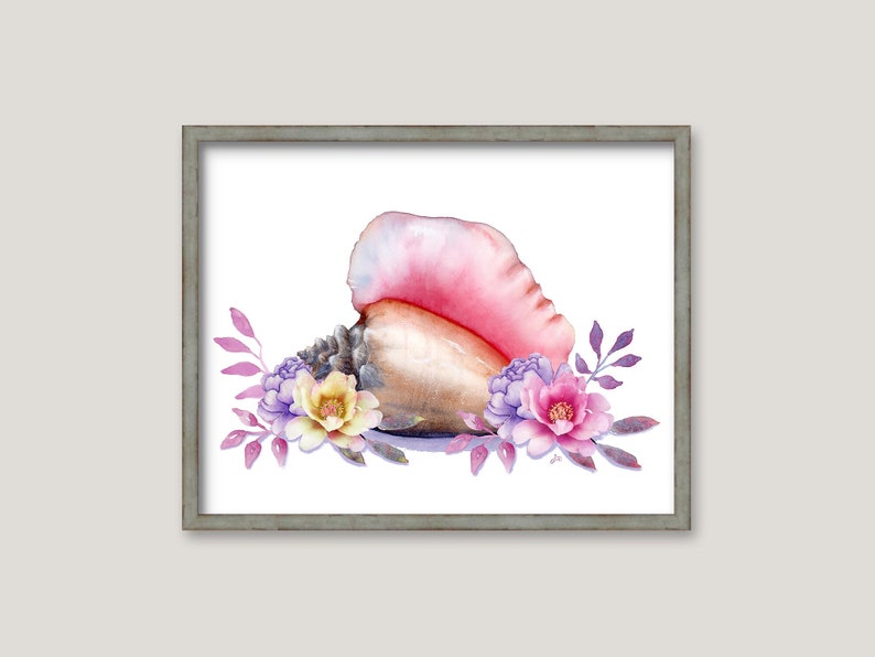 Conch Shell and Flowers GICLEE PRINT Original Watercolor Painting Beach House Art Coastal Wall Decor image 1