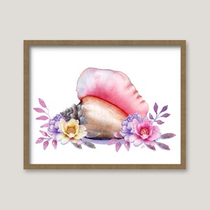 Conch Shell and Flowers GICLEE PRINT Original Watercolor Painting Beach House Art Coastal Wall Decor image 3