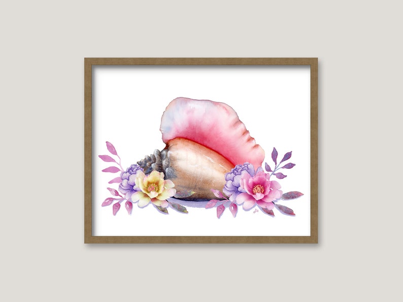 Conch Shell and Flowers GICLEE PRINT Original Watercolor Painting Beach House Art Coastal Wall Decor image 3