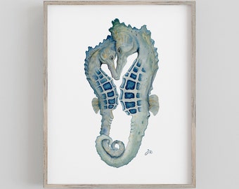 Seahorses in Love - Wall Art Print - Original Watercolor - Seahorse Couple- Coastal Romantic Decor- Wedding Anniversary Gift