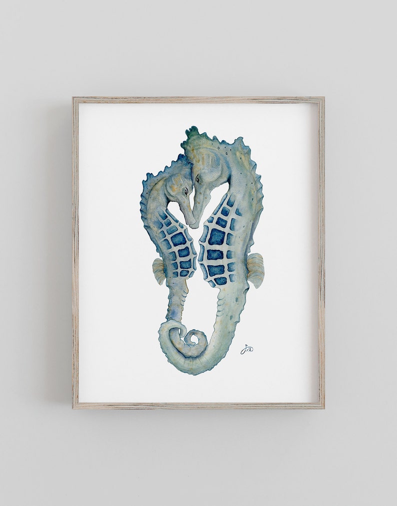 Seahorses in Love Wall Art Print Original Watercolor Seahorse Couple Coastal Romantic Decor Wedding Anniversary Gift immagine 1