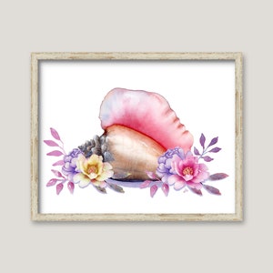 Conch Shell and Flowers GICLEE PRINT Original Watercolor Painting Beach House Art Coastal Wall Decor image 2