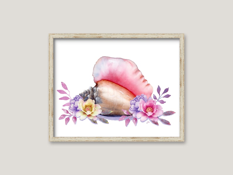 Conch Shell and Flowers GICLEE PRINT Original Watercolor Painting Beach House Art Coastal Wall Decor image 2