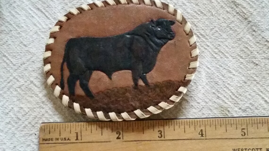 Vintage Hand Tooled Leather Belt Buckle / Black Angus Steer / Etsy