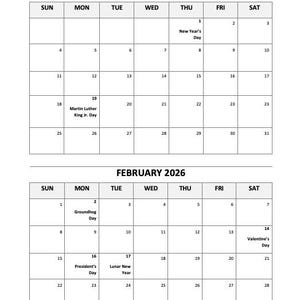 Calendario mensual 2026 (documento Word) / Calendario imprimible con y sin festivos / Calendario editable de 12 meses / Dos meses por página