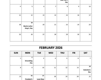2026 Monthly Calendar Word Document | Printable Plain Calendar with & without Holidays | 12-Month Editable Calendar |  Two Months Per Page