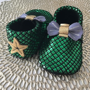 Little Mermaid Ariel Leather Baby Moccasins, Mermaid Moccs, disney, Baby Moccasins, Disney Toddler Moccasins, Leather Baby Moccasins