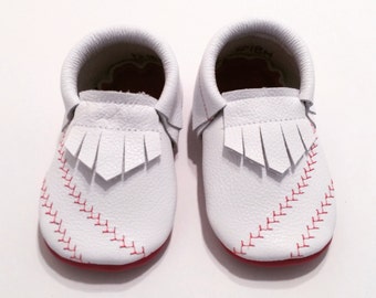 Baseball Leather Baby Moccasins, Red Stitch, Handmade