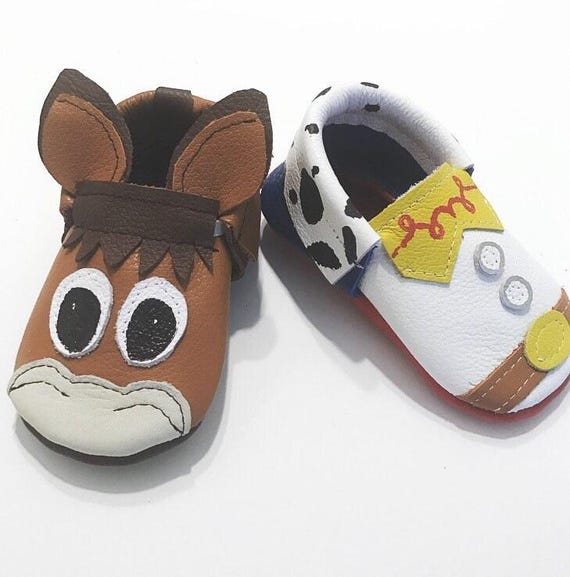 Handmade Toy Story Leather Moccasins, Toy Story Inspired Leather Baby Shoes, Jessie and Bullseye Shoes