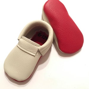 Ivory Red Bottom Inspired Slip-On Leather Baby Moccasins, Red Bottoms, Genuine Leather, Baby Moccs, Baby Moccasins, Toddler Moccasins