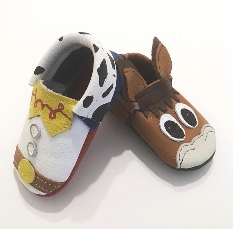 Handmade Toy Story Leather Moccasins, Toy Story Inspired Leather Baby Shoes, Jessie and Bullseye Shoes image 2