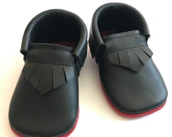 Red Bottom Black Leather Baby Moccasins, Fringe Toddler Shoes