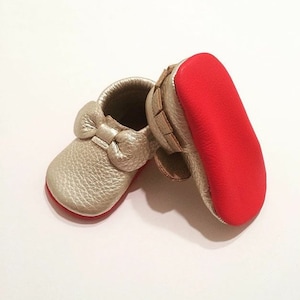 Platinum Red Bottom Leather Baby Moccasins, Red Bottoms, Genuine Leather, Baby Moccs, Baby Moccasins, Toddler Moccasins, Loubs