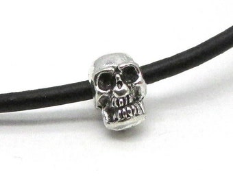 10pc Antique Silver Skull Beads, 8x5mm tiny double sided human skull bead, large hole beads for Halloween, Day of the Dead jewelry & crafts