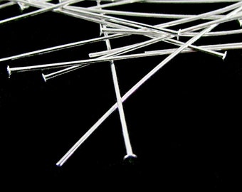 1.5" Silver Head Pins, 24g 100pcs Flat head pins for jewelry making with pearls, 1 1/2 inch bright silver plated brass headpins, 24 gauge