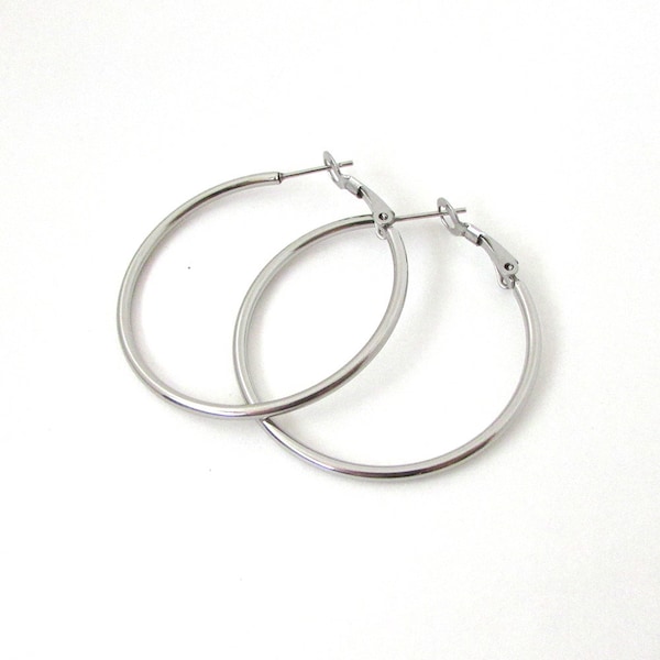 40mm Medium Hoop Earrings Pair, Stainless steel earring finding, plain silver latch back earring blank for wire-wrapping, beading or fiber