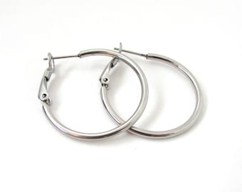 30mm Medium Hoop Earrings Pair, Stainless steel earring finding, plain silver latch back earring blank for wire-wrapping, beading or fiber