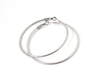 60mm Large Hoop Earrings Pair, Stainless steel earring finding, plain silver latch back earring blank for wire-wrapping, beading or fiber