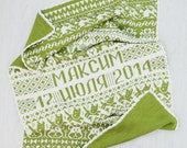 Personalized Knit Baby Blanket / Birthday gift / Wool baby knitted blanket / White and Light Green Hand knit blanket