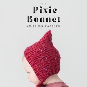 May include: A red knitted pixie bonnet with a pointed top and a long tie. The bonnet is made with a speckled yarn and has a subtle texture. The text "THE Pixie Bonnet KNITTING PATTERN" is displayed above the bonnet.
