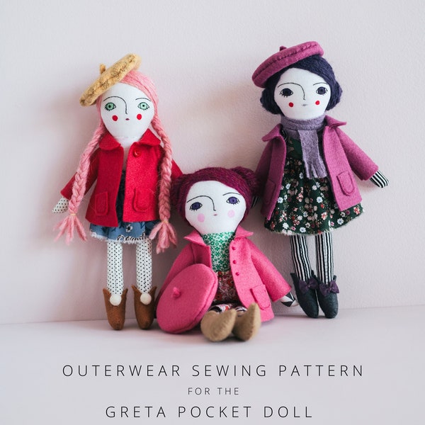 DIY Doll Coat Beret Boots Sewing Pattern, Small Rag doll clothes tutorial, peacoat, felt beret, doll shoes, Hat, PDF Digital Pattern