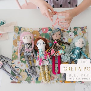 Rag Doll Sewing Pattern, Small Cloth Doll, Greta Pocket Doll, Wool Hair Fabric Doll Tutorial, Beginner Doll Making DIY, Doll clothes