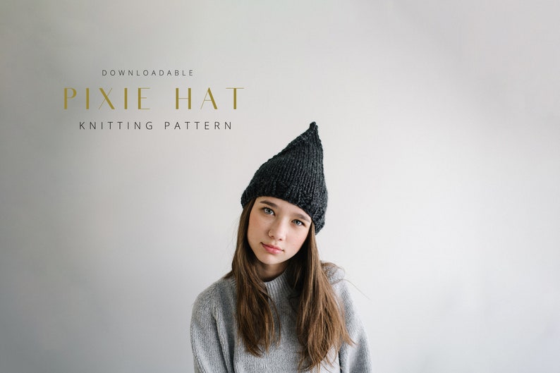 May include: A downloadable knitting pattern for a pixie hat. The pattern is shown on a model wearing a gray sweater and a black pixie hat.