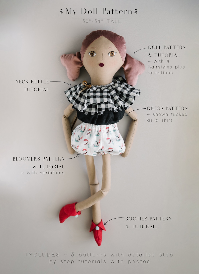 Rag Doll Sewing Pattern, Cloth Doll Sewing Pattern, Large Embroidery Doll tutorial, Beginner Doll Sewing Tutorial, Digital Download PDF image 4