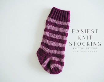 Easy Beginner Knit Holiday Christmas Stocking Pattern, Knitting Stocking Tutorial, Striped stocking, monogrammed Christmas Stocking
