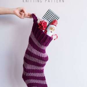 Easy Beginner Knit Holiday Christmas Stocking Pattern, Knitting Stocking Tutorial, Striped stocking, monogrammed Christmas Stocking image 10