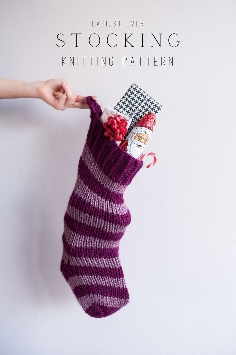 Easy Beginner Knit Holiday Christmas Stocking Pattern, Knitting Stocking Tutorial, Striped stocking, monogrammed Christmas Stocking image 10