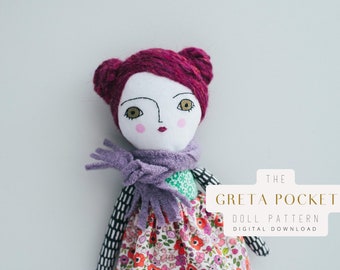 Rag Doll Sewing Pattern, Small Cloth Doll, Greta Pocket Doll, Wool Needle Felting Hair, beginner Doll Making DIY, Digital Download