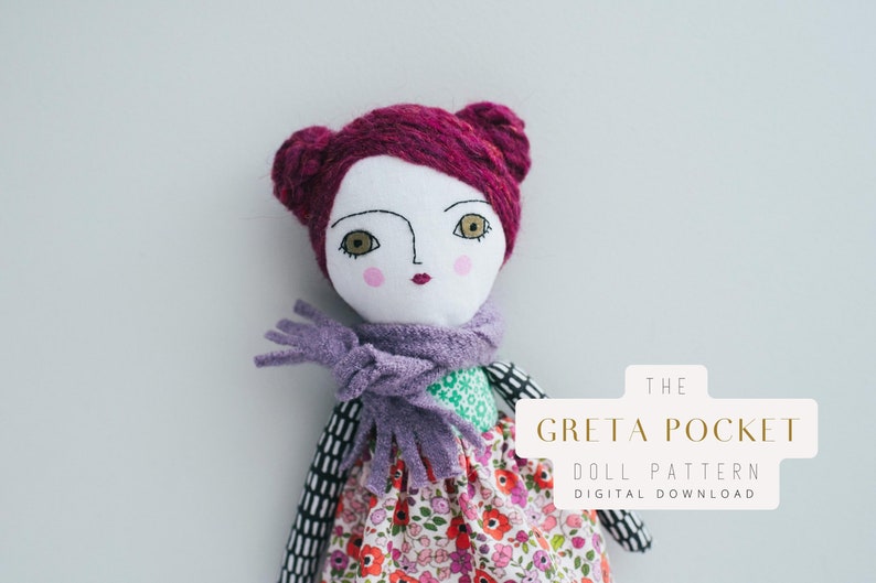 Rag Doll Sewing Pattern, Small Cloth Doll, Greta Pocket Doll, Wool Needle Felting Hair, beginner Doll Making DIY, Digital Download image 1