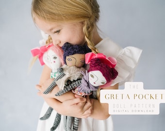 Rag Doll Sewing Pattern, Small Cloth Doll, Greta Pocket Doll, Wool Hair Fabric Doll Tutorial, Beginner Doll Making DIY, Digital Download