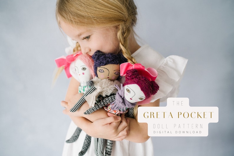 Rag Doll Sewing Pattern, Small Cloth Doll, Greta Pocket Doll, Wool Hair Fabric Doll Tutorial, Beginner Doll Making DIY, Digital Download image 1