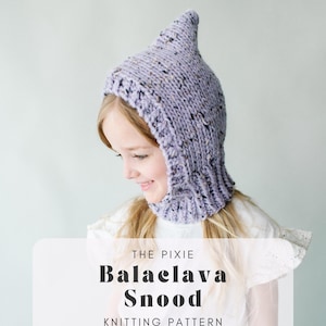 May include: A purple and white speckled knitted balaclava snood knitting pattern. The pattern is called "The Pixie Balaclava Snood".