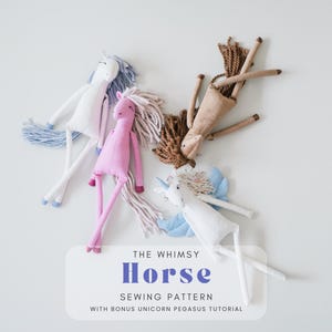 Patrón de costura de caballo y poni, cuerno de unicornio y alas de pegaso, tutorial para muñeca de trapo, juguete de vaquera vaquera del oeste, animal de granja DIY, descarga digital