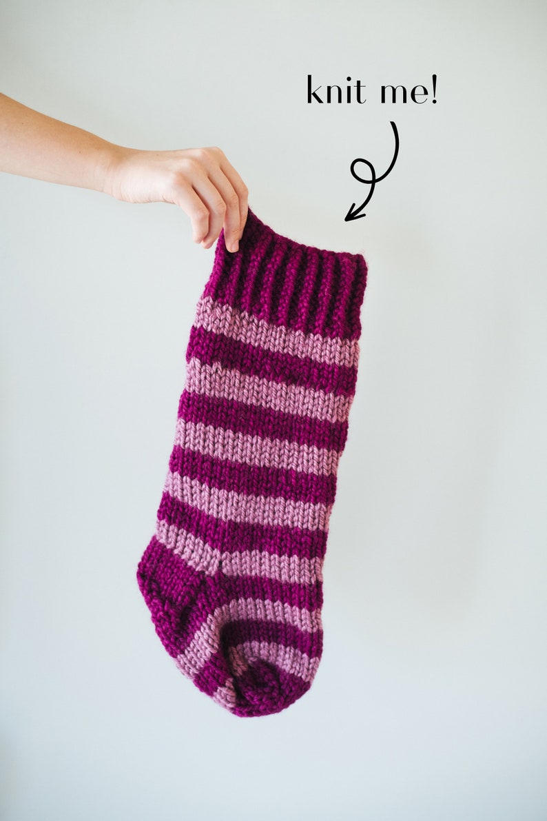 Easy Beginner Knit Holiday Christmas Stocking Pattern, Knitting Stocking Tutorial, Striped stocking, monogrammed Christmas Stocking image 7