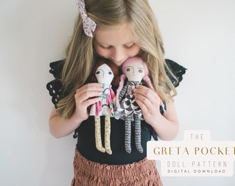 Rag Doll Sewing Pattern, Small Cloth Doll, Greta Pocket Doll, Wool Hair Fabric Doll Tutorial, Beginner Doll Making DIY, Digital Download