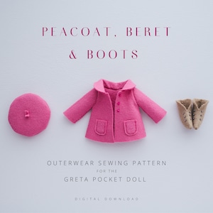 May include: A pink felt peacoat, beret, and boots sewing pattern for a Greta pocket doll. The pattern is a digital download.