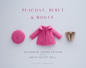 DIY Doll Coat Beret Boots Sewing Pattern, Small Rag doll clothes tutorial, peacoat, felt beret, doll shoes, Hat, PDF Digital Pattern