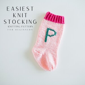 Easy Beginner Knit Holiday Christmas Stocking Pattern, Knitting Stocking Tutorial, Striped stocking, monogrammed Christmas Stocking image 2