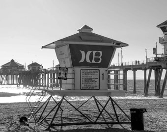 Huntington Beach pier and lifeguard station retro 2020 in black and white