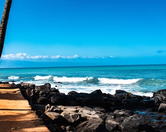 May include: A scenic view of a rocky coastline with palm trees in the foreground. The ocean is a vibrant blue with white waves crashing against the rocks. The sky is a clear blue with a few white clouds.