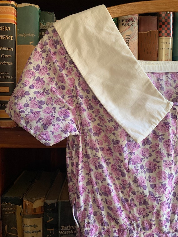 1940s pink purple ditzy print dress floral, white… - image 7